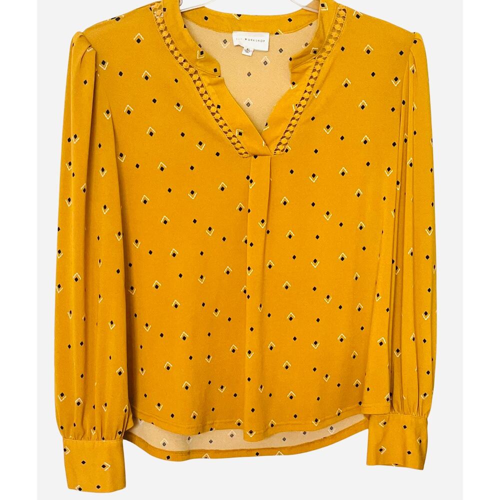 THE WORKSHOP LONG SLV  PULL-OVER V-NECK BLOUSE, WOMENS, XL, YELLOW-NAVY BLUE